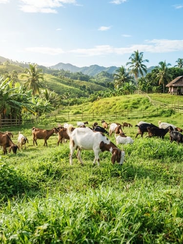 Bright natural photography of a clean, sunlit Philippine pasture with healthy goats grazing, airy atmosphere, sharp focus, 35mm lens