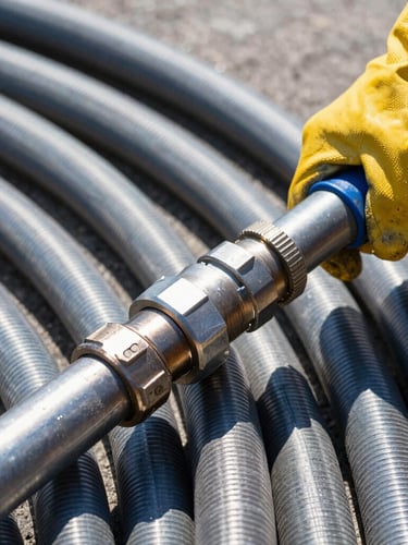 Close-up of a heavy-duty high-pressure jetting hose coupling being secured by a technician wearing yellow safety gloves, sharp industrial lighting, metallic textures.