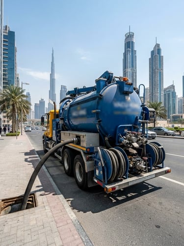 High-powered industrial vacuum tanker truck parked on a modern Dubai street, bright direct sunlight, sharp details, blue and yellow utility tones, wide-angle lens