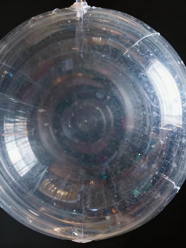 Extreme close-up framing of a single inflatable bubble cell under bright studio strobe light, the transparent polymer material stretched taut, surface texture and internal air chamber visible in sharp detail, dark background
