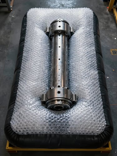 Overhead direct shot of a heavy-duty inflatable bubble sheet loaded with a dense metal machine part pressing down, high-contrast strobe lighting from above, bubble cells visibly compressed under load but intact, industrial warehouse surface below