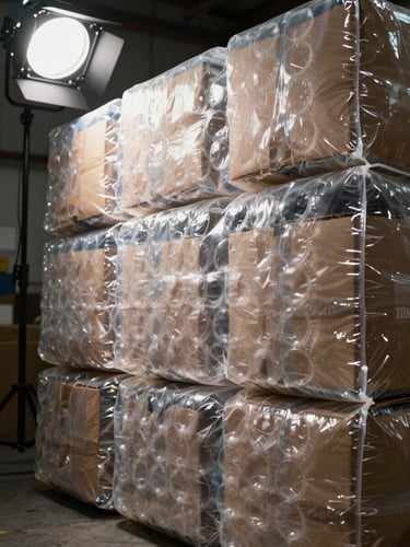 Extreme close-up framing, studio strobe lighting from above-left, inflatable bubble packaging material surface under heavy stacked load — multiple cardboard boxes pressing down on the bubbles, individual air chambers clearly visible in sharp detail, high contrast shadows revealing the structural depth of each bubble cell, industrial warehouse floor visible at the far edge