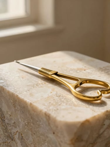 A sculptural brass surgical instrument resting on a block of raw travertine stone, soft golden-hour light leak, warm shadows, minimal composition