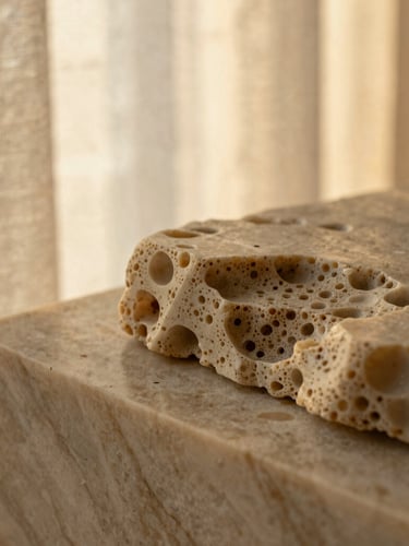 Macro close-up of raw travertine marble showing organic porous textures, warm golden light filtering through linen curtains, casting soft shadows, quiet luxury aesthetic.