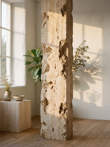 Sculptural travertine stone column casting soft shadows under golden-hour window light, warm ivory tones, minimalist composition, 35mm photography