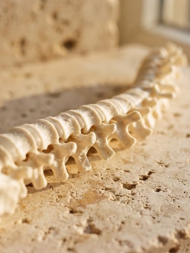 Macro close-up of a sculptural 3D printed spine model, warm golden-hour light casting soft shadows on travertine stone, 35mm photography