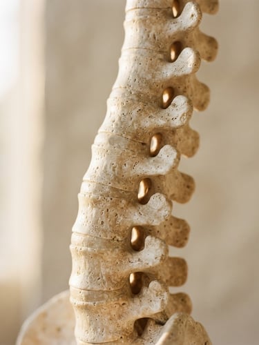 Macro close-up of a sculptural travertine stone spine model, warm golden-hour window light, soft shadows, 35mm photography, elegant negative space