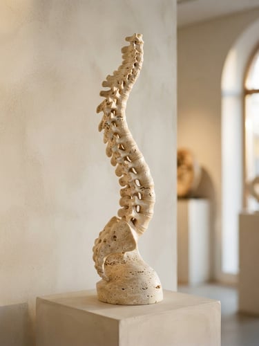 Sculptural travertine stone model representing the elegant curves of the human spine, captured in warm golden-hour side light with soft shadows, minimal art gallery setting, 35mm photography.