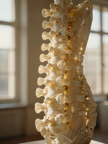 A close-up sculptural study of a stylized alabaster spine model, warm golden light filtering through linen, soft shadows, museum gallery setting, 35mm
