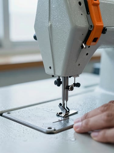Macro detail shot of industrial sewing machine stitch guide being calibrated by a technical inspector, crisp factory window light, cool slate tones, safety orange accent on the machine frame, 50mm