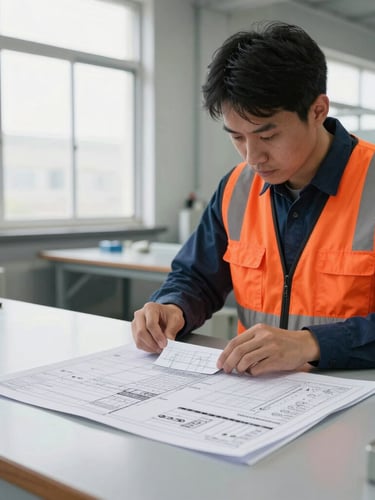 Industrial documentary photography of a technical inspector measuring a physical sleeve sample against a detailed paper tech pack on a clean slate-gray worktable, crisp factory-window light