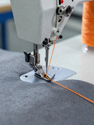 Macro technical close-up of a sewing machine needle threading bright safety-orange thread through technical gray canvas fabric, sharp focus, crisp industrial lighting