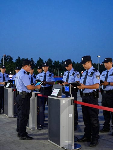 Medium shot of professional security personnel in clean, structured uniforms coordinating logistics at a high-resistance perimeter barrier, with rapid accreditation scanners, crisp natural daylight, sharp focus, high-contrast rich tones.