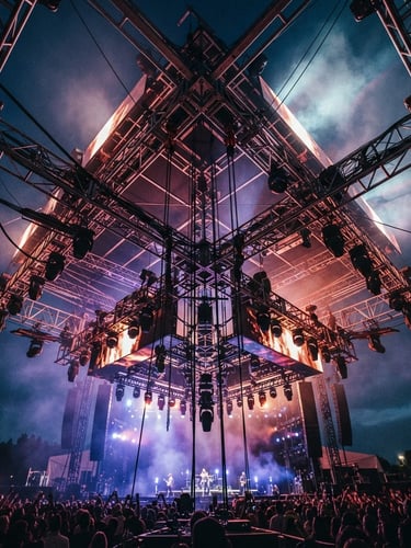 Primer plano de estructuras de escenario complejas bajo luces de concierto, con un enfoque en la precisión de la ingeniería y la espectacularidad del diseño, vista desde abajo.