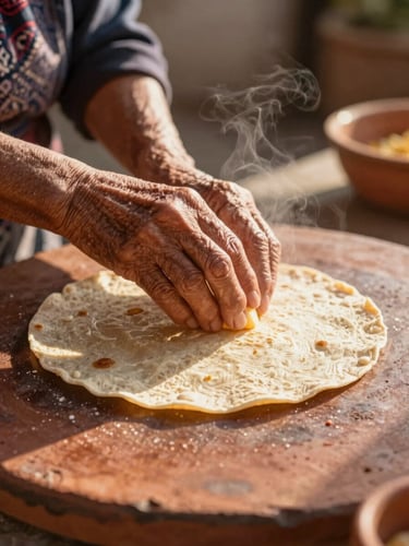 Hands of an elderly Mexican woman carefully shaping a fresh corn tortilla, warm golden hour sunlight illuminating the steam, rustic clay comal in the background, warm terracotta tones, shallow depth of field, 35mm