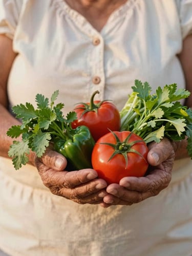 Hands of an older Mexican woman gently holding fresh, locally harvested vegetables and herbs, soft natural outdoor light, warm rustic editorial style, shallow depth of field, 35mm