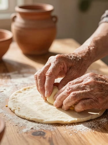 Warm portrait-oriented close-up of an elderly woman's hands gently shaping corn dough on a rustic wooden table, soft natural morning light, terracotta pots in the blurred background.