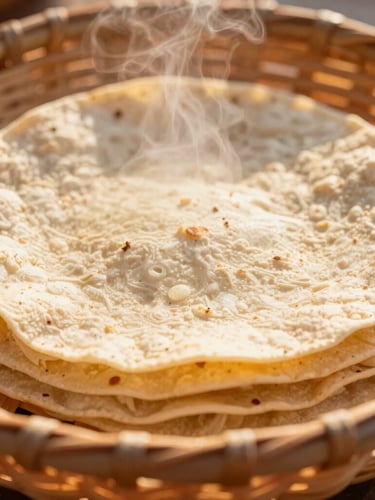 Close-up of warm artisanal corn tortillas steaming in a hand-woven basket, soft golden hour sunlight filtering through, rich terracotta tones, warm editorial photography, shallow depth of field, 35mm
