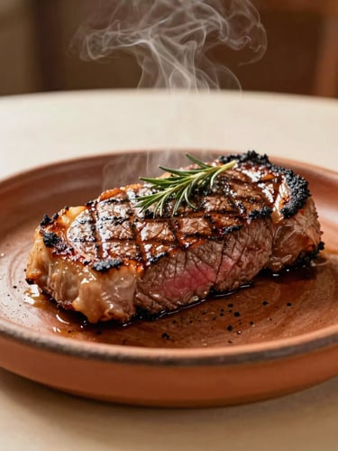 A beautifully plated Bisteck Sendero, tender grilled beef steak with local herbs and char marks, served on a rustic clay plate, steaming hot, soft warm lighting, shallow depth of field, 35mm
