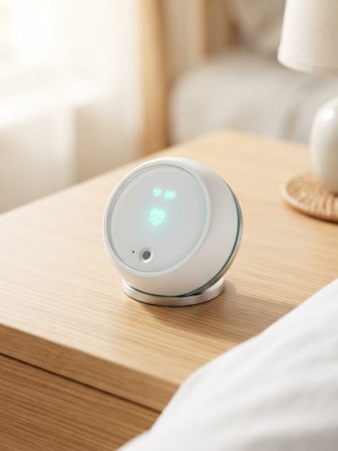 Close-up of a sleek, white smart health monitoring sensor resting on a clean wooden bedside table, soft natural morning light, high-trust clinical aesthetic