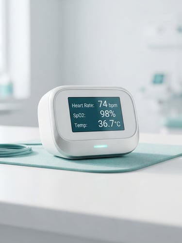 Bright clinical product photography of a sleek smart health monitor on a clean white surface with soft teal accents, natural daylight.