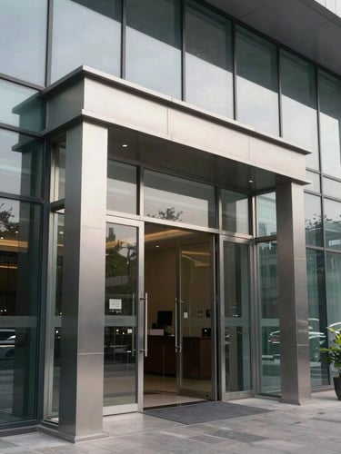 Close-up architectural detail of a glass-and-steel commercial building entrance in Gurgaon, lobby threshold visible through floor-to-ceiling glazing, soft overcast daylight, no occupants, clean material finish