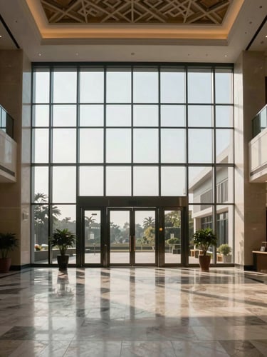 Wide architectural interior of a premium Gurgaon high-rise lobby—polished stone floors, double-height glazed facade, diffused north-facing daylight flooding across the atrium, no people present, geometric ceiling detail visible in upper frame