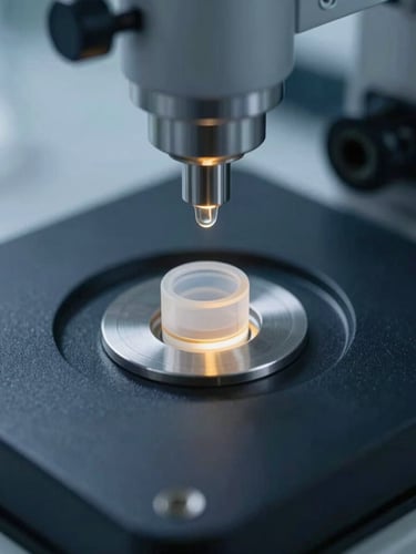 Macro photograph of a precise biomaterial synthesis setup in a state-of-the-art Texas laboratory, cool crisp lighting with subtle gold highlights, shallow depth of field