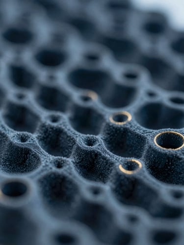 Macro close-up of a precise synthetic biomaterial structure under cool laboratory light, showcasing intricate micro-channels with subtle gold highlights, shallow depth of field.