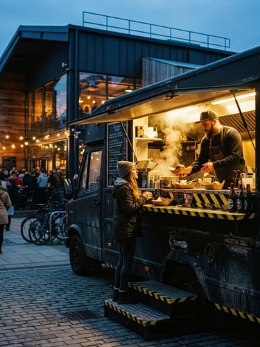 Gritty 35mm street photography of a matte black food truck parked outside a modern craft brewery at dusk, warm glowing service window, yellow hazard tape details.