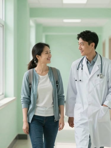 A bright, clean clinic hallway with soft sage green walls. A doctor and a patient are walking together, talking warmly. Soft natural light from a window, shallow depth of field.