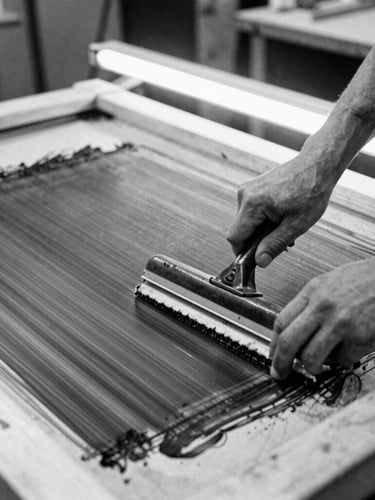 Gritty film photography of hands pulling a squeegee with thick black ink across a screen-print frame, raw industrial workshop setting, harsh fluorescent lighting.