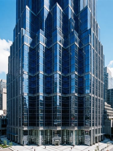 Crisp architectural photography of a modern financial district skyscraper with sharp cobalt blue glass and high-contrast daylight, 35mm.