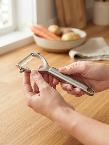 Hands holding a clean, modern stainless steel kitchen tool over a warm neutral counter, soft natural daylight, eye-level framing.