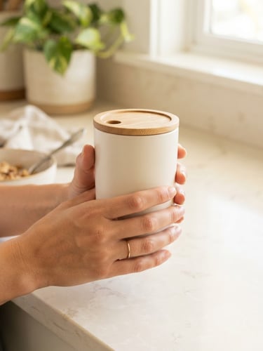 A close-up of hands holding a clean, minimalist ceramic travel mug on a bright, modern kitchen counter, soft morning sunlight, warm cream background.