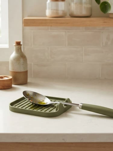 Bright clean product photography of a modern kitchen counter with a sleek, clever olive-green silicone utensil rest holding a spoon, soft natural daylight, warm neutral tones