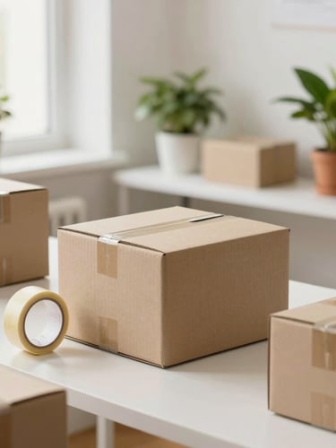 A bright, clean boutique workspace with cardboard packaging boxes, a roll of paper tape, and green potted plants, soft natural morning light.