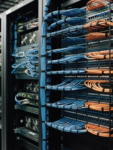 Sharp technical close-up of neatly organized server racks with blue and orange ethernet cables, clean comb alignment, cool industrial lighting, 35mm