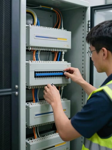 Close-up of a professional technician in a high-visibility vest working on a highly organized industrial electrical panel, bright clean lighting, 35mm