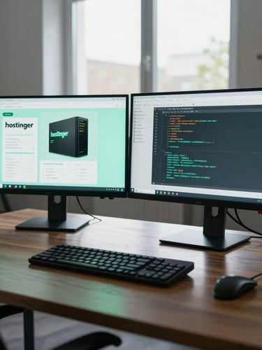 Wide-angle cool daylight shot of a modern workspace in Weimar, dual monitors displaying Hostinger server dashboards and clean code, soft mint-green screen glow reflecting on a dark wood desk surface.