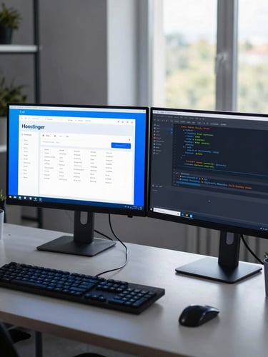 Clean, modern developer workspace in Weimar, dual monitors showing Hostinger dashboard and code editor, soft blue screen glow, cool daylight.
