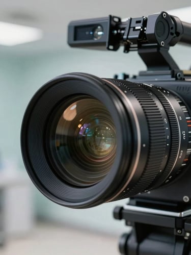 A close-up of a professional cinema camera lens reflecting clean, cool clinic lighting, with a blurred modern medical office background.