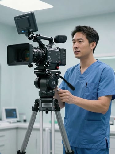 A professional video production set inside a modern medical clinic. A high-end cinema camera on a heavy tripod is focused on a doctor in clean blue scrubs speaking confidently. Sterile, bright lighting with cool tones.