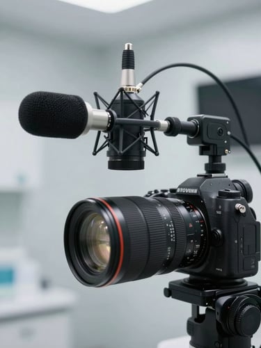 A high-end professional camera setup in a bright, modern medical clinic, cool crisp lighting, macro lens focused on a professional microphone, clean slate grey background.