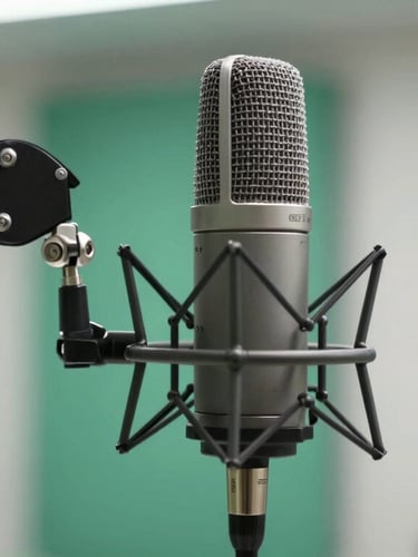 Macro shot of a professional studio microphone on a boom arm, crisp studio environment, clean surgical green accents in the background