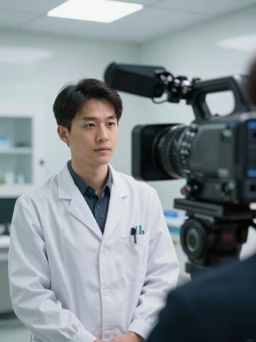 Over-the-shoulder view of a professional video camera filming a doctor in a bright, modern medical office, cool crisp lighting, soft background blur.