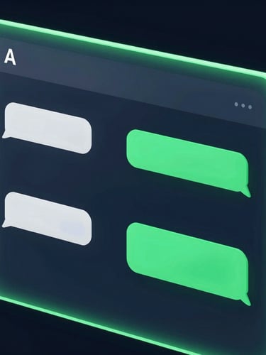 Sleek close-up of a glassmorphic chat interface on a dark screen, neon green glowing borders, showing a simulated AI conversation with a customer booking a service