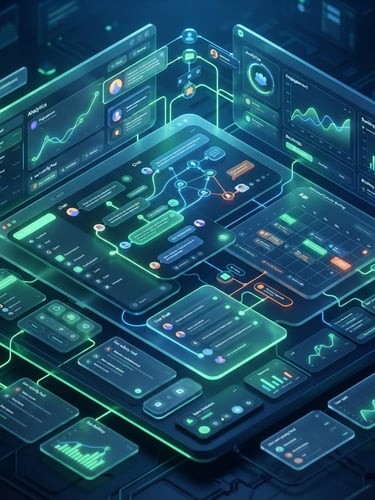 Sleek dark-mode 3D render of a software dashboard showing active chat flows and automated calendar bookings, deep blue and neon green ambient lighting, glowing glassmorphism UI elements, isometric perspective