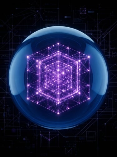 Sleek 3D digital render of a glowing purple nested cube structure inside a transparent blue glass sphere, high-contrast dark background, technical schematic lines, macro