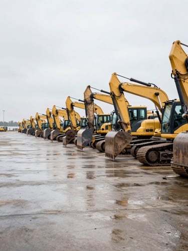 Wide environmental shot of a heavy equipment yard, rows of excavators and bulldozers parked under overcast daylight, concrete ground wet from recent rain, machines receding toward the horizon on the right side of the frame, generous negative space on the left edge